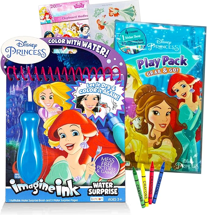 Disney Princess Paint With Water Super Set for Girls Kids Bundle ~ Deluxe Mess-Free Book with Water Surprise Brush, Mini Coloring Book, and Stickers (Disney Princess Party Supplies)