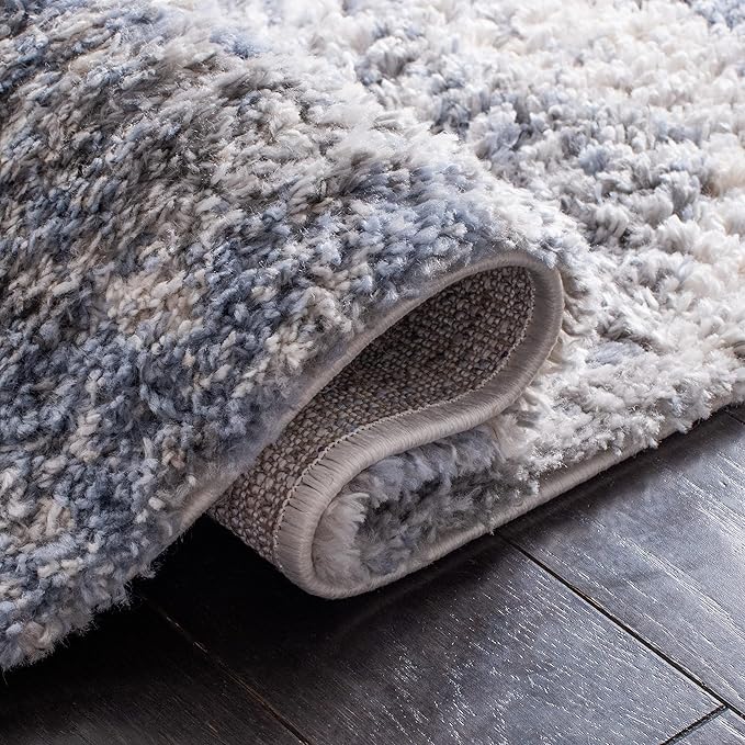 SAFAVIEH Berber Shag Collection Runner Rug - 2' x 12', Ivory & Blue, Modern Abstract Design, Non-Shedding & Easy Care, 1.2-inch Thick Ideal for High Traffic Areas in Living Room, Bedroom (BER274B)