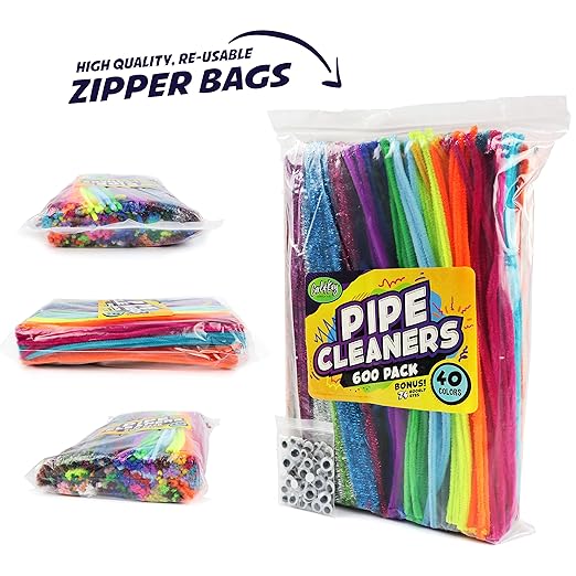 Carl & Kay 600 Pipe Cleaners & 74 Googly Eyes - Chenille Stems Craft - Colorful Pipe Cleaners for Kids - Bulk Soft Fuzzy Stems