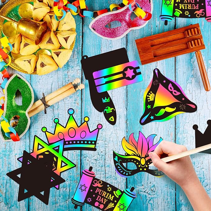 CY2SIDE Purim Day Scratch Cards - 60PCS Jewish Holiday Magic Color Rainbow Paper Bookmarks Craft Kits for Kids Sunday School Classroom Activities Art Project Decorations Religious Easter Party Favor