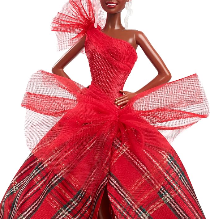 Barbie Signature Doll, 2024 Holiday Fashion Doll with Brown Hair Wearing Plaid Gown, Seasonal Collector Gift in Displayable Packaging