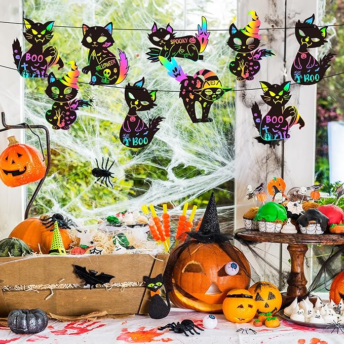 CY2CSIDE Halloween Black Cat Scratch Cards - 60PCS Halloween Spooky Ornament Scratch Card Gift Set for Kids DIY Black Cat Skull Magic Arty Rainbow Color Bookmark Craft Kit for Kids School Activity