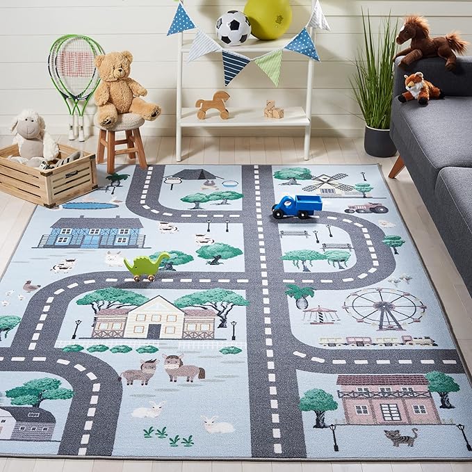 SAFAVIEH Kids Playhouse Collection Accent Rug - 3'3" x 5'3", Blue & Dark Grey, Non-Shedding Machine Washable & Slip Resistant Ideal for High Traffic Areas for Boys & Girls in Playroom (KPH235M)