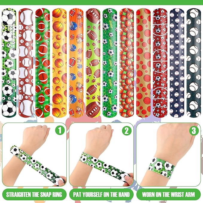 Deekin 96 Pcs Sports Party Favors Slap Bracelets Football Baseball Soccer Snap Bracelet Bands Slap Bands Colorful Decorations for Kids Birthday Party Supplies, 8.8 x 1.2 Inch