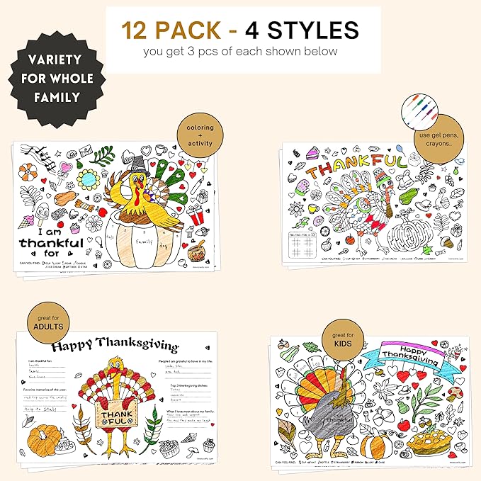 4E's Novelty Thanksgiving Placemat Activity Kids Coloring Placemats for Kids & Adults, 11x17 Paper Disposable Placemats Crafts Bulk, 12 Pack, Thankful Activities for Family Dinner Table