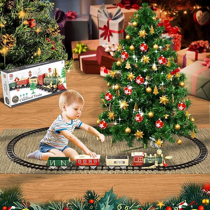 JUQU Train Set-Electric Train Sets for Boys Toddlers Classical Train Toys,Battery-Powered Locomotive Engine with Sound and Lights, 3 Cars &10 Tracks, Christmas Toy Train for Age 3 4 5 6 Years Old Kids