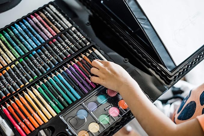 Art 101 USA Budding Artist 154 Pc Junior Artist Trifold Easel Set, Includes markers, crayons, oil pastels, watercolor paints, and colored pencils, Case, pop up easel, Portable Art Studio , White