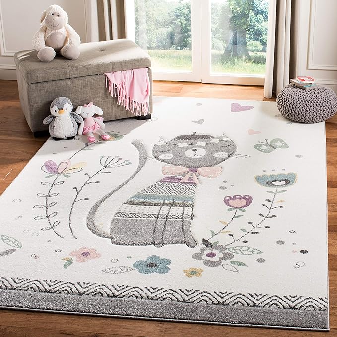 SAFAVIEH Carousel Kids Collection Area Rug - 8' x 10', Ivory & Pink, Cat Design, Non-Shedding & Easy Care, Ideal for High Traffic Areas for Boys & Girls in Playroom, Nursery, Bedroom (CRK187A)