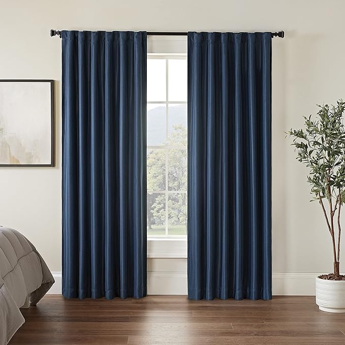 Eclipse Fresno Modern Blackout Thermal Rod Pocket Window Curtain for Bedroom (1 Panel), 52 in x 63 in, Dark Blue