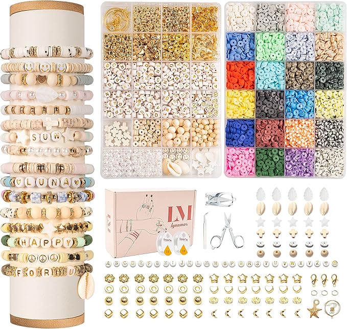 Clay Beads 8000 Pcs 2 Boxes Bracelet Making Kit - 24 Colors Polymer Clay Beads for Bracelet Making Set - Heishi Disc Beads for Jewelry Making kit with Charms and Gift Pack for Girls