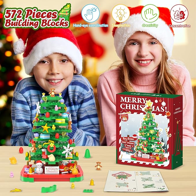 Christmas Tree Building Blocks Kit with Lights, Compatible with Lego Christmas Tree Toy Building Sets, Creative Christmas Decor Building Toys for 6+ Year Old Boys/Girls