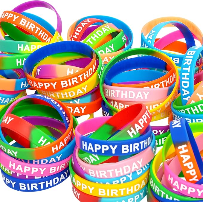 66 Pieces Birthday Rubber Bracelets(22 Styles),Colored Birthday Wristbands for Birthday Party Favors,Stretch Birthday Rubber Wristbands for Birthday Party Supplies