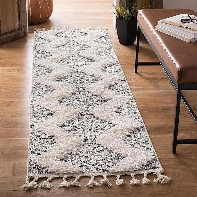 SAFAVIEH Moroccan Tassel Shag Collection Runner Rug - 2'3" x 6', Ivory & Grey, Boho Design, Non-Shedding & Easy Care, 2-inch Thick Ideal for High Traffic Areas in Living Room, Bedroom (MTS652F)