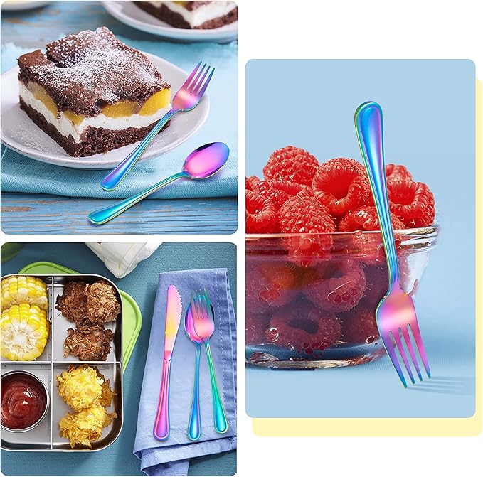E-far 12-Piece Rainbow Kids Silverware, Stainless Steel Toddler Kids Utensils Safe for Preschooler/Children, Includes 4 Forks 4 Spoons 4 Knife, Slimline Look & Small Size, Rust Free