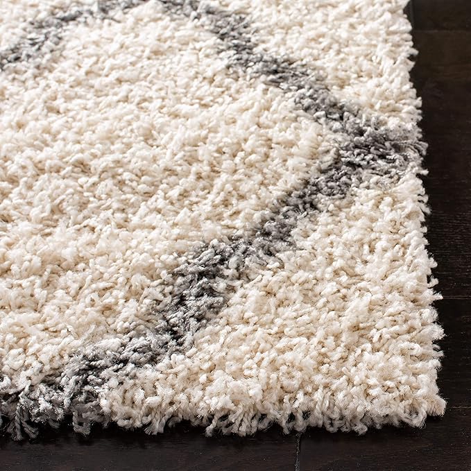 SAFAVIEH Dallas Shag Collection 2'3" x 8' Ivory/Grey SGDS257F Trellis Non-Shedding Living Room Bedroom Dining Room Entryway Plush 1.5-inch Thick Runner Rug
