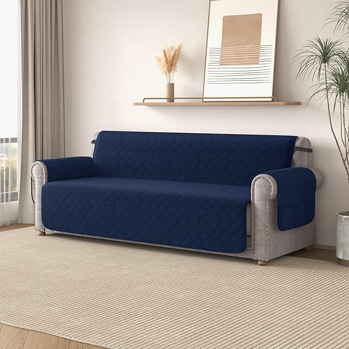 CHUN YI Loveseat Cover, Water Resistant Slipcover for 2 Cushion Couch, Reversible Washable Sofa Cover with Adjustable Strap Storage Pocket for Living Room Dog Pet (Loveseat, Navy-1)