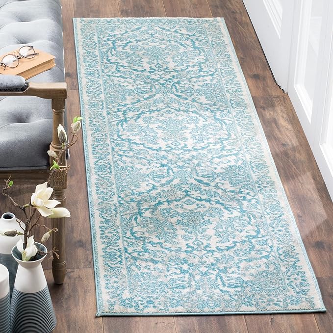 SAFAVIEH Evoke Collection 2'2" x 7' Ivory / Light Blue EVK242C Non-Shedding Living Room Entryway Foyer Hallway Bedroom Runner Rug