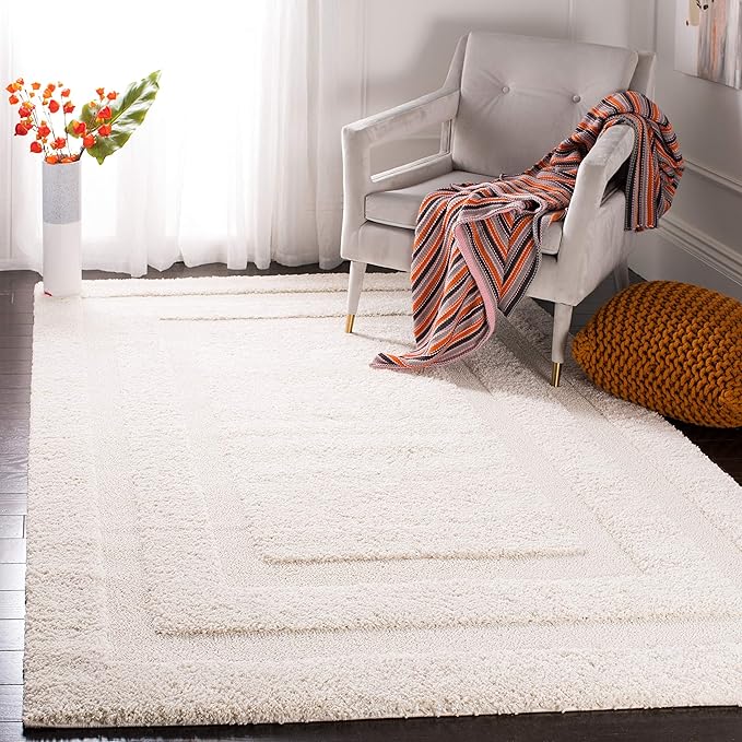 SAFAVIEH Florida Shag Collection 5' Square Cream / Cream SG454 Border Non-Shedding Living Room Bedroom Dining Room Entryway Plush 1.2-inch Thick Area Rug