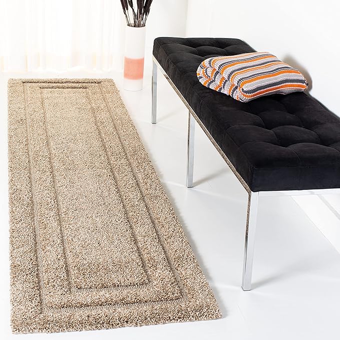 SAFAVIEH Florida Shag Collection Runner Rug - 2'3" x 8', Beige & Beige, Border Design, Non-Shedding & Easy Care, 1.2-inch Thick Ideal for High Traffic Areas in Living Room, Bedroom (SG454-1313)