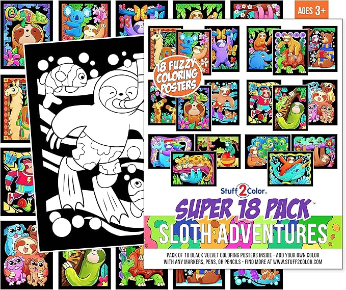 Stuff2Color Super Pack of 18 Fuzzy Velvet Coloring Posters (Sloth Adventures) - Arts & Crafts for Girls and Boys - Great for After School, Travel, Planes, Group Activities, and Coloring with Friends