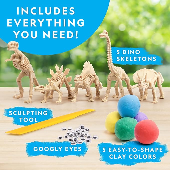 NATIONAL GEOGRAPHIC Clay Dinosaur Arts & Crafts Kit - Dinosaur Air Dry Clay for Kids with 5 Clay Colors, 5 Dino Skeletons & Googly Eyes, Dinosaur Activity for Girls and Boys Ages 4 5 6 7 8 9 & 10