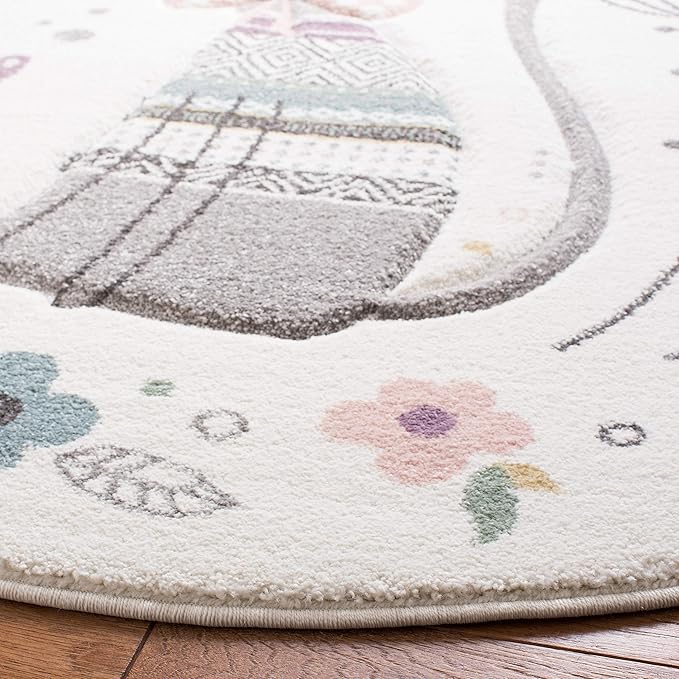 SAFAVIEH Carousel Kids Collection 6'7" Round Ivory/Pink CRK187A Cat Non-Shedding Nursery Playroom Area Rug