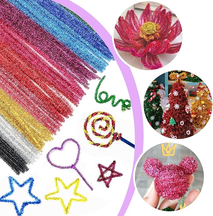 TOAOB 100pcs Glitter Pipe Cleaners 10 Colors Metallic Pipe Cleaners Craft Supplies 6mm x 12 Inch Chenille Stems Pipe Cleaners for Art DIY Crafts Decorations