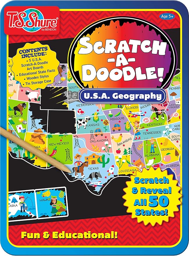 Bendon TS Shure Educational Scratch-A-Doodle United States USA Geography Learning Tin with 5 Scratchboards and Wooden Stylus 51474