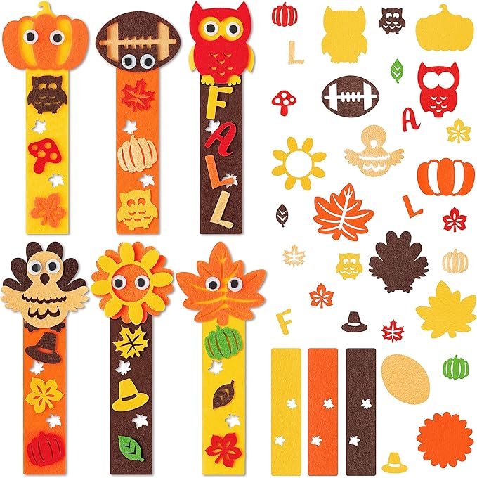 HubirdSall 24 Pack Fall Felt Bookmark Craft Kit, Make Your Own Thanksgiving Bookmarks with Football Turkey Pumpkin Owl Sunflower DIY Birthday Party Gift for Kids School Classroom Prize Art Activities