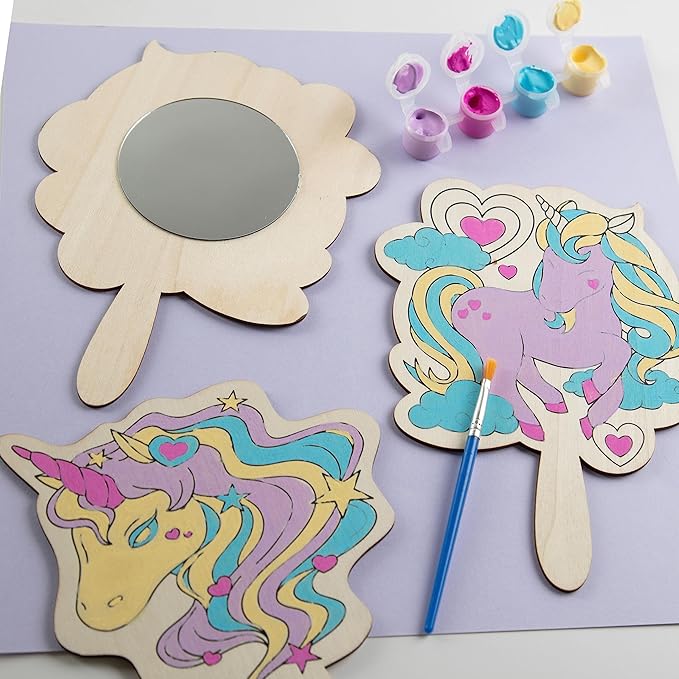 Idiy Paint Your Own Mirror Kids Party Craft Kits(12 Unicorn Friends Wood Mirrors w Paints)-Each Kit Has its Own Brush, Paint, & Project-Fun, Unique Birthday Favors, Classroom School Activity Gift