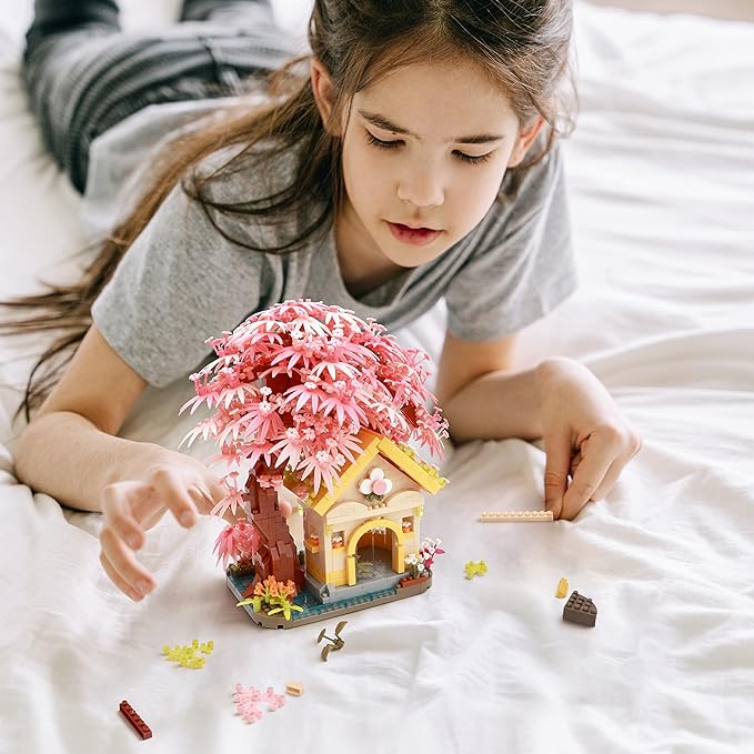 Mirco Block Pink Wishing Tree House Building Block Set,1500 PCS for Adults and Kids, Construction Set