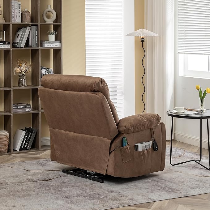 FANYE Electric Power Lift Chair for Elderly W/Massage and Heat, Infinite Positions 2 Remote Controllers Oversized Velvet Upholstered Recliner & Armchair W/Side Pockets & Hidden Cup Holders, Coffee V
