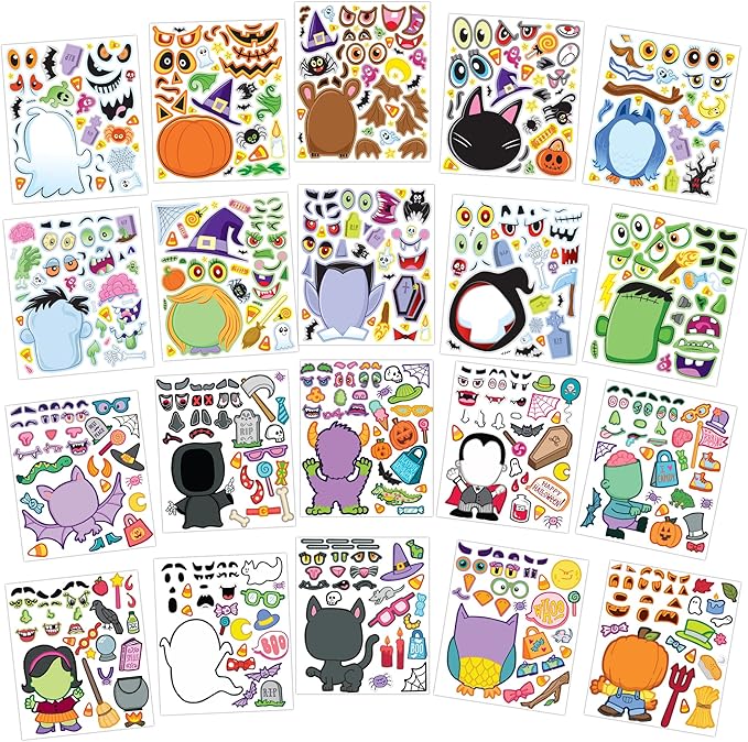 JOYIN 20 Pcs Make-a-face Sticker Sheets Make Your Own Halloween Characters Mix and Match Sticker Sheets, Bonus with Coloring Sheets, 10 Scratch Cards, 8 Sticker Sheets, Halloween Party Favor Supplies