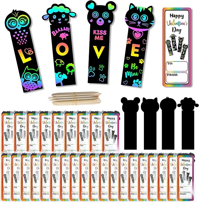 WATINC 28 Set Valentine's Day Animals Scratch Bookmarks with Cards for Kids, Valentine Scratch Off Card Art Craft Kit, Exchange Gift DIY Magic Color Paper for Classroom School Home Party Favor