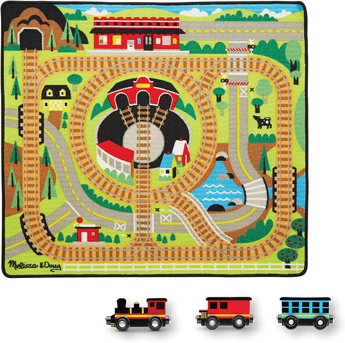 Melissa & Doug Round the Rails Train Activity Play Rug, 3 Wooden Train Cars (39" x 36")