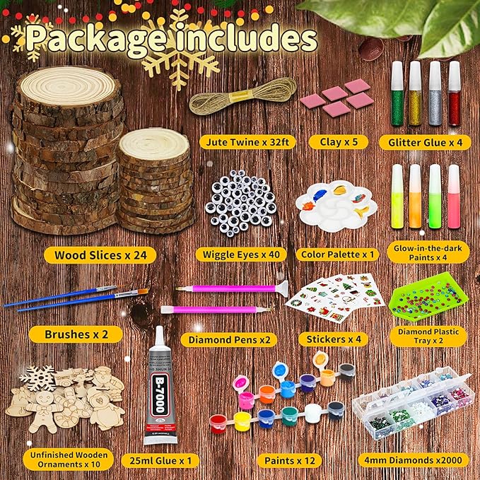 Bamamon Painting Crafts Kit for Kids, Glow in The Dark Arts & Crafts Set for Girls Boys Ages 4-12,Wood Slice Craft Creative Activities, Valentines Gifts Party Favors Toy for Kids (24Pcs)