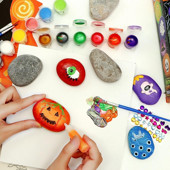 Klever Kits Halloween Rock Painting Kit for Kids, Glow in The Dark Rock Painting with Paint Tubs, Creativity Arts Crafts DIY Supplies Kit for Halloween, Kids Painting Gifts, Family Activity
