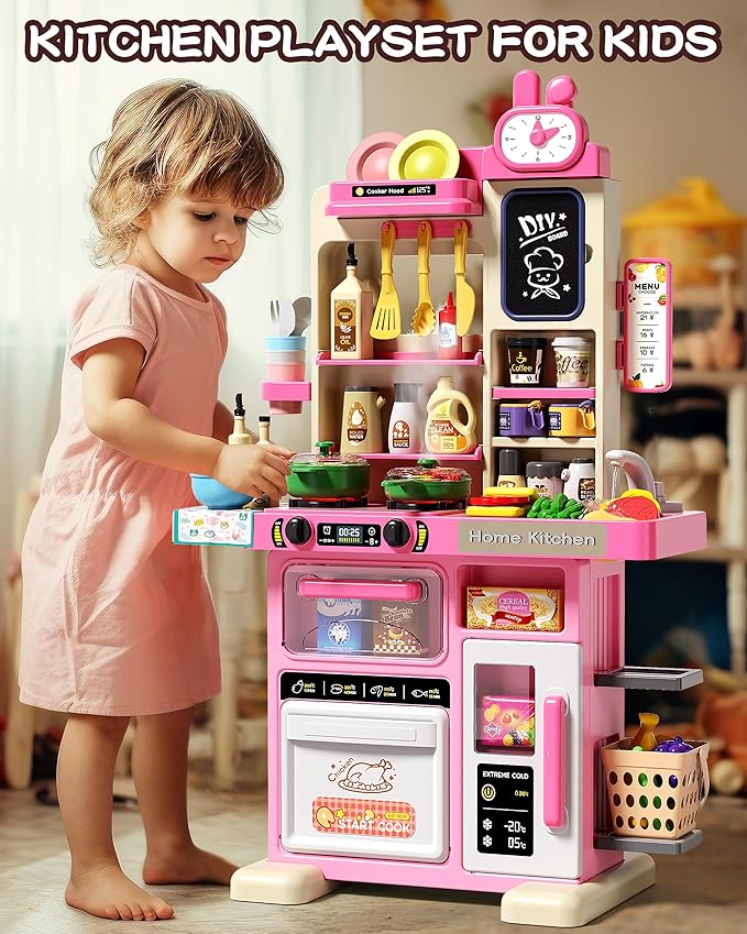 33.8IN Kids Kitchen Playset, 70PCS Kid Play Kitchen with Realistic Lights & Sounds, Spray Sink Toy Kitchen Accessories, Pretend Food Toys Kitchen for Boys Girls Toddlers(Pink)