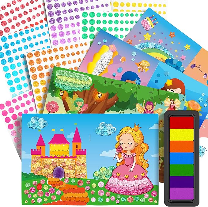 D-FantiX Dot Art Sticker Book Kits with Ink Pad, Mess-Free Finger Painting for Toddlers, Unicorn, Princess, Mermaid, Flower Fairy Arts and Crafts, Kids Travel Activities, Girls Easter Basket Stuffers