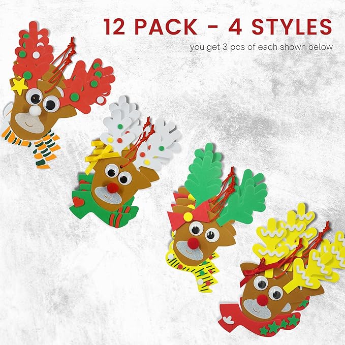 4E's Novelty Reindeer Christmas Ornament Craft for Kids (12 Pack) Updated Edition - Foam Bulk Arts and Crafts Kit for Kids Toddlers 4-8 DIY Craft Party Favor Activity Project