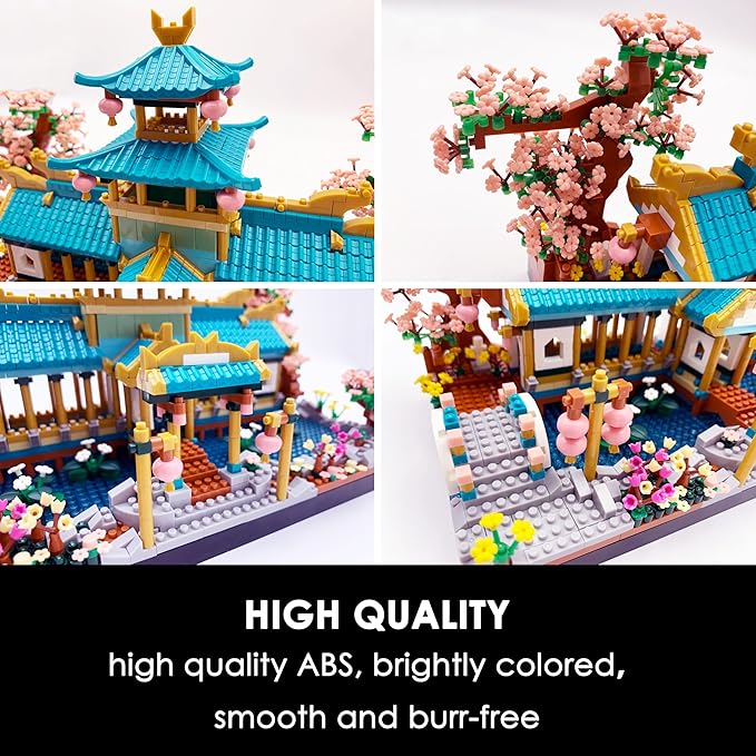 Micro Building Blocks Set，Chinese Suzhou Garden Architecture and Cherry Blossom Bonsai Tree Building Toys for Adults，Japanese Sakura House Model，Creative Mini Bricks Gift for Kids 14+，2350 pcs