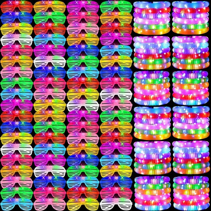 76 Pcs Glow Sticks Light Up Pop Tubes &LED Glasses Party Favors, Glow Bracelets Necklaces Camping Toys, Rave Neon Flashing Glasses for Birthday Return Gift Goodie Bag Christmas Stuffer School Prizes