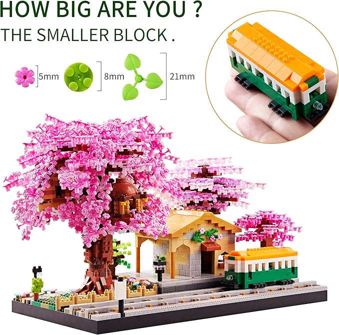 Architecture, Japanese Sakura Tree Class Train Station Cherry Blossom Tree Building Block Model Kit 3668 PCS for Adults and Kids, Classical Building Micro Blocks Set,Mini DIY Assembly Toy