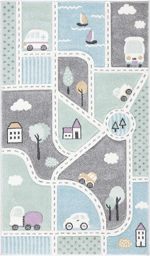 SAFAVIEH Carousel Kids Collection Accent Rug - 2'3" x 4', Grey & Light Blue, Non-Shedding & Easy Care, Ideal for High Traffic Areas for Boys & Girls in Playroom, Nursery, Bedroom (CRK193F)