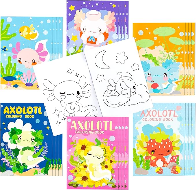 Dvbonike 24Pcs Axolotl Coloring Books Amphibian Theme DIY Art Booklet with Cool Drawing Patterns Birthday Party Favors Halloween Gifts Home School Classroom Activity Supply for Kids Age 4-8