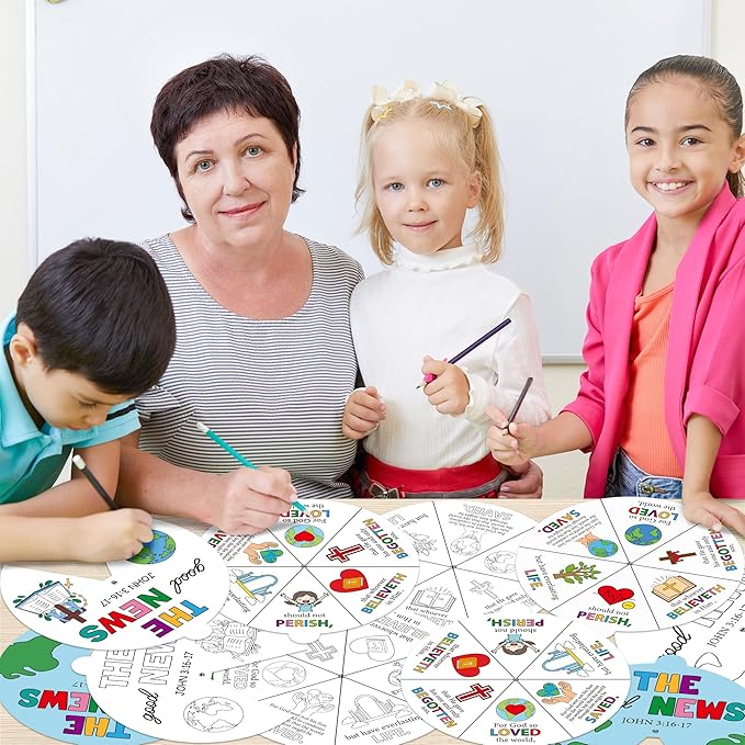 COcnny Religious Christian Craft Activities - 24 Sets John 3:16 Coloring Crafts for Kids, Color Your Own Bible Wheel Cards, DIY Jesus Biblical The Good News Art Paper Game for Sunday School Class Home