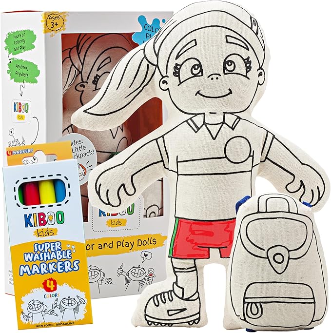 Washable Coloring Doll – Soccer Girl with Ponytail, Mini Doll Backpack & Markers - Educational Art & Crafts Toy - Color, Play, Wash, Repeat - Reusable Creative Gift for Kids