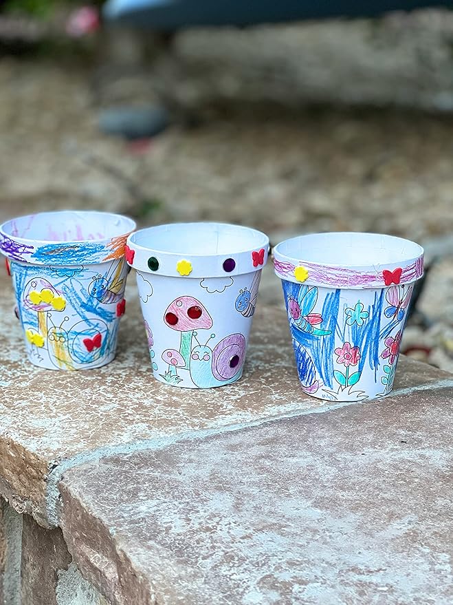 Deluxe Classroom Bulk 12 Pack of Decorate Your Own DIY Cardstock Craft Flower Pots with Hundreds of Foam Flowers and Bugs, and Acrylic Gems and Jewels