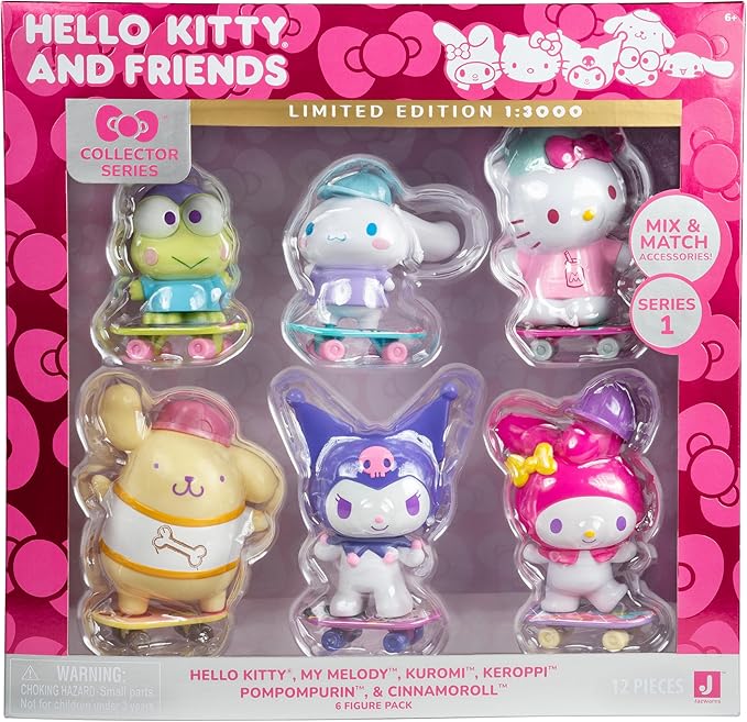 Hello Kitty and Friends, 4” Ultra-Premier 6-Figure Set - Hello Kitty, Kuromi, My Melody, Cinnamoroll, Pompompurin, and Keroppi - Officially Licensed Sanrio Product from Jazwares