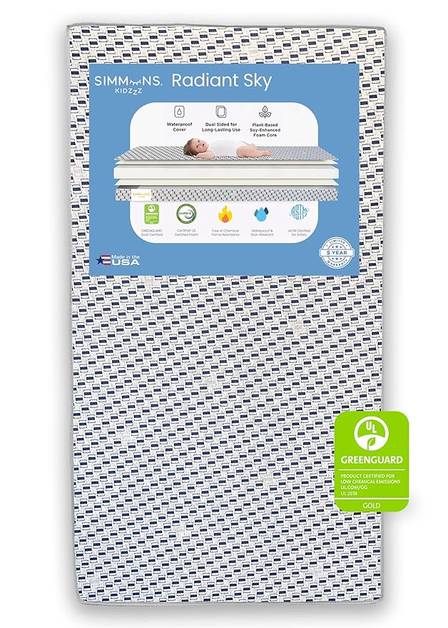 Simmons Kids Radiant Sky Dual Sided Baby Crib Mattress and Toddler Mattress, Waterproof, GREENGUARD Gold and CertiPUR-US Certified, Firm Plant-Based Foam, 5 Year Warranty, Made in USA